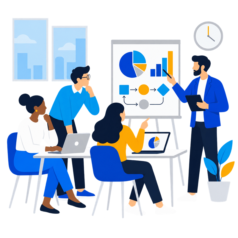 Illustration of a team collaborating at SATHYA
